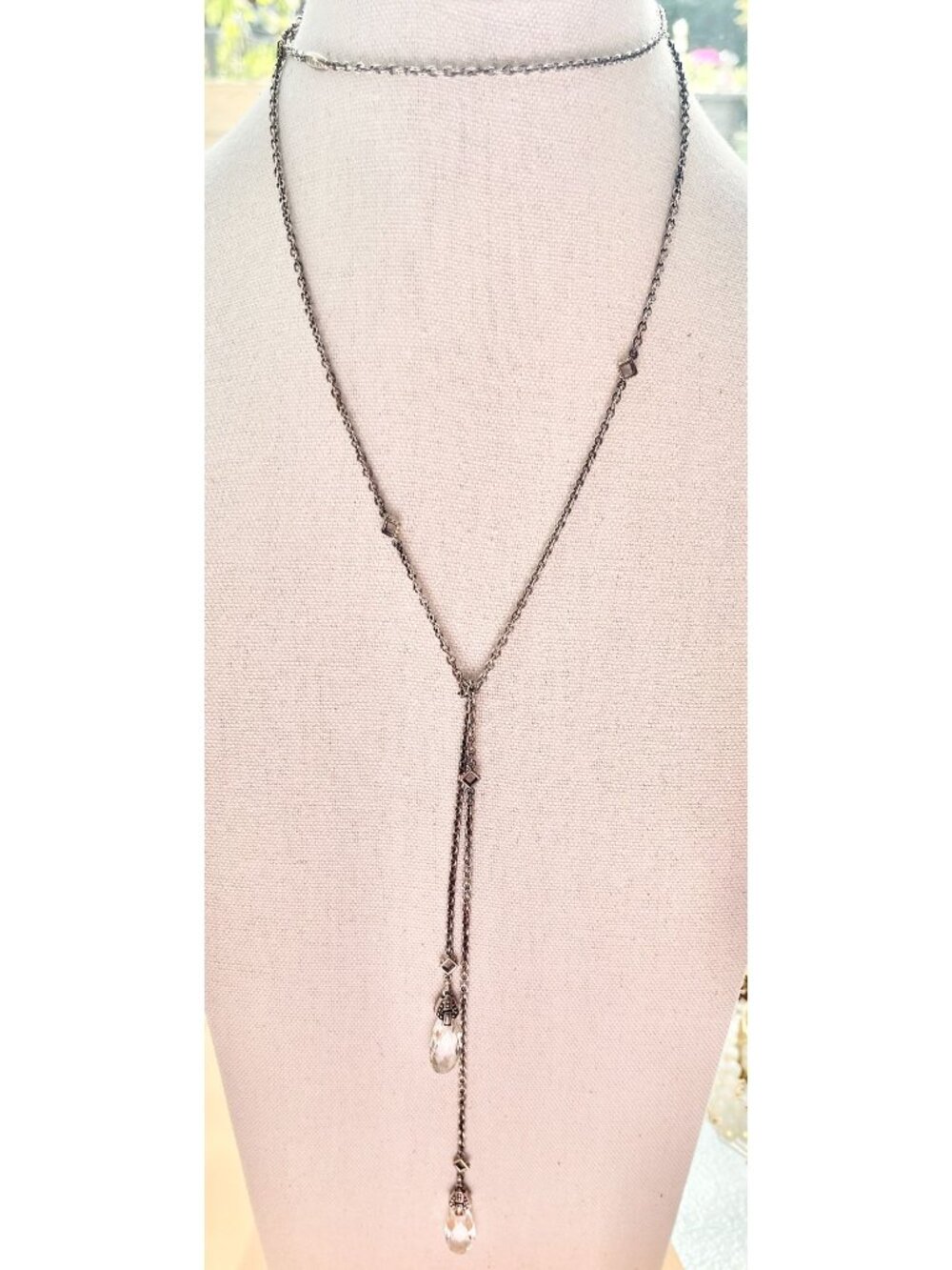 Lagos 750 & Sterling Silver Lariat Necklace With Clear Briolette Stones & Checke